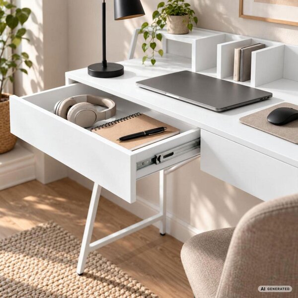 AKORD Furniture Factory ORIX Fehér Számítógépasztal Forgácslap + MDF Fehér Ipari Stílusú 2 Fiókkal