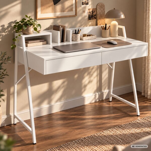 AKORD Furniture Factory ORIX Fehér Számítógépasztal Forgácslap + MDF Fehér Ipari Stílusú 2 Fiókkal