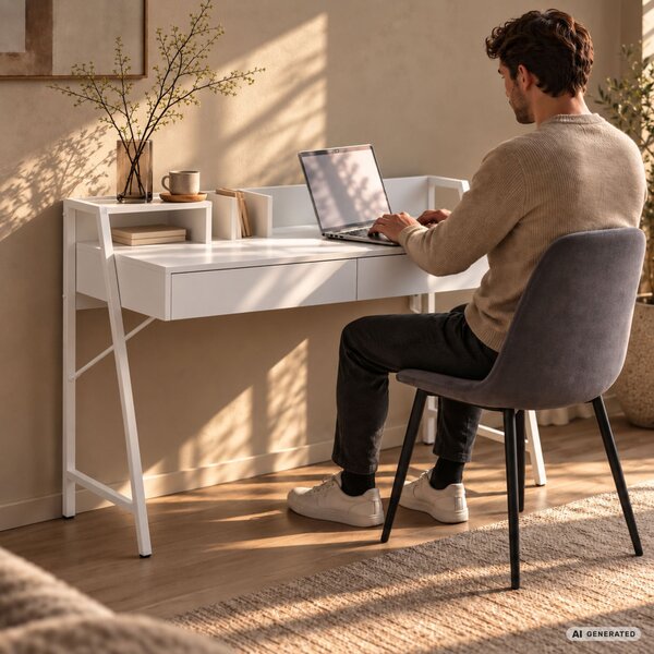 AKORD Furniture Factory ORIX Fehér Számítógépasztal Forgácslap + MDF Fehér Ipari Stílusú 2 Fiókkal