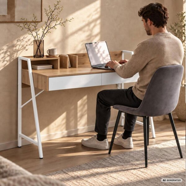 AKORD Furniture Factory ORIX Számítógépes Íróasztal Dió Artisan Fehér Lábakkal Ipari Stílus