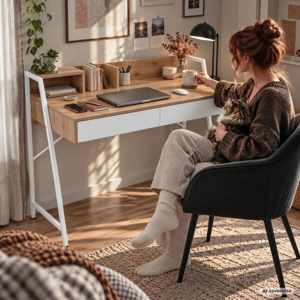 AKORD Furniture Factory ORIX Számítógépes Íróasztal Dió Artisan Fehér Lábakkal Ipari Stílus
