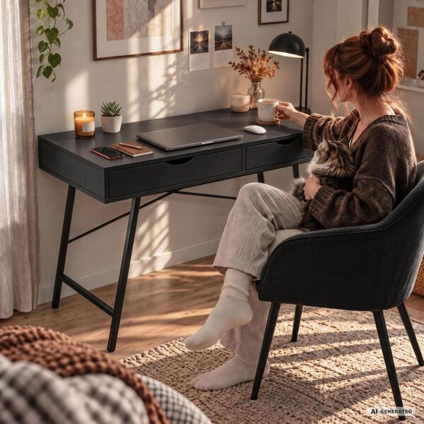 AKORD Furniture Factory RAX Ipari Stílusú Számítógépasztal Fekete 2 Fiókkal