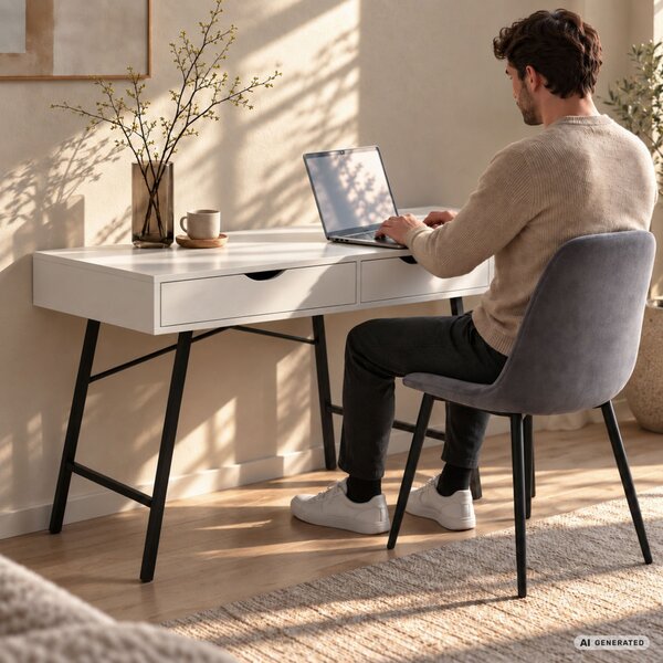 AKORD Furniture Factory RAX Számítógépes Íróasztal Fehér 2 Fiókkal Fekete Fémláb Ipari Stílus