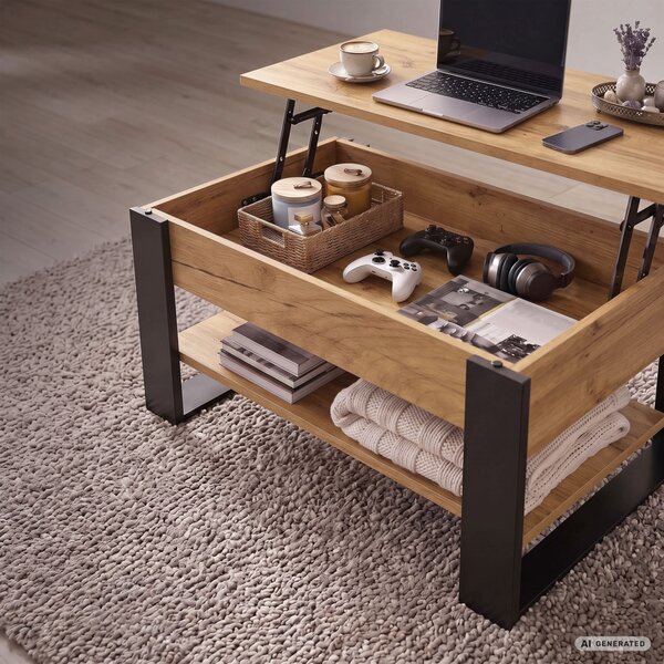 AKORD Furniture Factory Denver Dohányzóasztal Emelhető Lappal Craft Tölgy Fekete Lábakkal