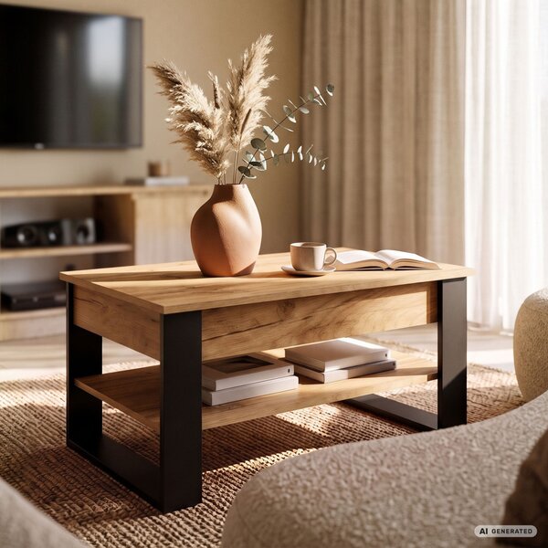AKORD Furniture Factory Denver Dohányzóasztal Emelhető Lappal Craft Tölgy Fekete Lábakkal