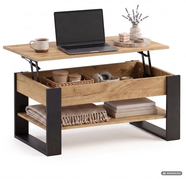 AKORD Furniture Factory Denver Dohányzóasztal Emelhető Lappal Craft Tölgy Fekete Lábakkal