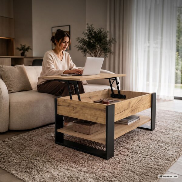AKORD Furniture Factory Denver Dohányzóasztal Emelhető Lappal Craft Tölgy Fekete Lábakkal