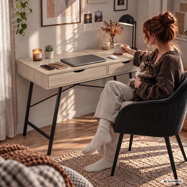 AKORD Furniture Factory RAX Számítógépasztal Sonoma Tölgy Fekete Lábakkal Ipari Stílus 2 Fiókkal