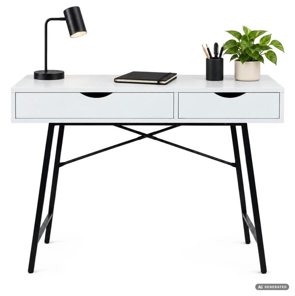 AKORD Furniture Factory RAX Számítógépes Íróasztal Fehér 2 Fiókkal Fekete Fémláb Ipari Stílus
