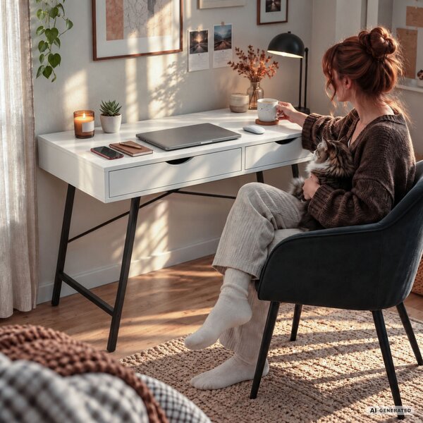 AKORD Furniture Factory RAX Számítógépes Íróasztal Fehér 2 Fiókkal Fekete Fémláb Ipari Stílus