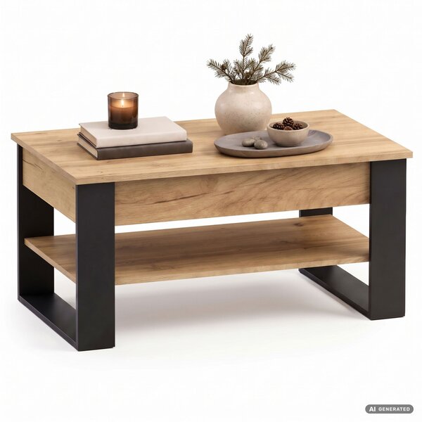 AKORD Furniture Factory Denver Dohányzóasztal Emelhető Lappal Craft Tölgy Fekete Lábakkal
