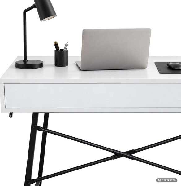 AKORD Furniture Factory RAX Számítógépes Íróasztal Fehér 2 Fiókkal Fekete Fémláb Ipari Stílus