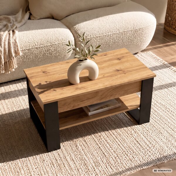 AKORD Furniture Factory Denver Dohányzóasztal Emelhető Lappal Craft Tölgy Fekete Lábakkal