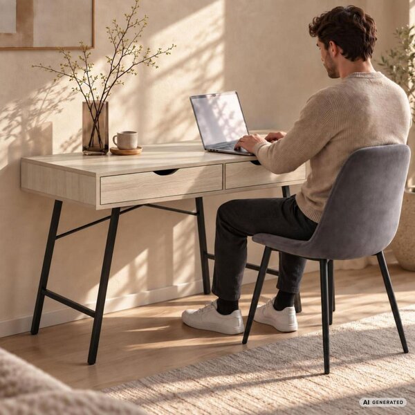 AKORD Furniture Factory RAX Számítógépasztal Sonoma Tölgy Fekete Lábakkal Ipari Stílus 2 Fiókkal