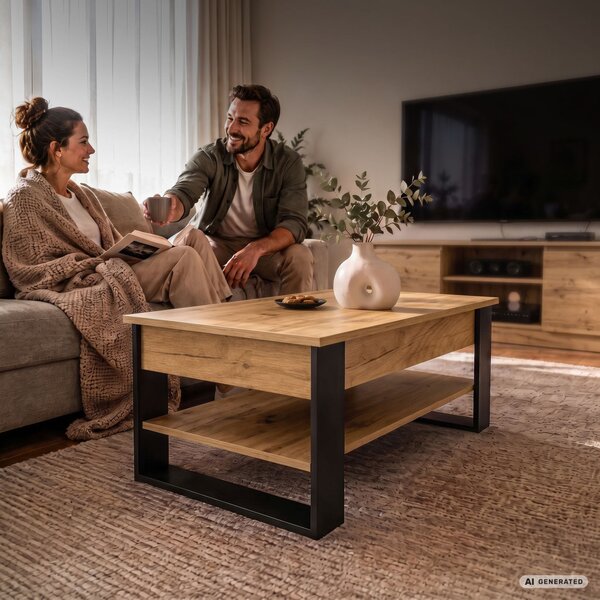 AKORD Furniture Factory Denver Dohányzóasztal Emelhető Lappal Craft Tölgy Fekete Lábakkal