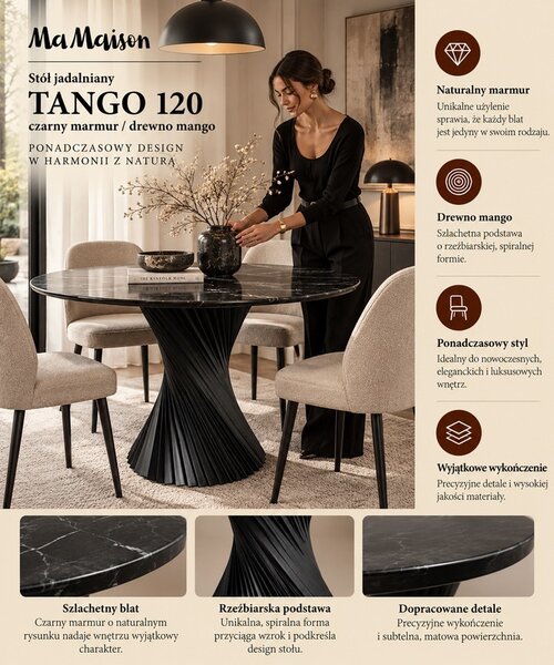 MaMaison Tango 120 étkezőasztal fekete márvány mangófa spirál alappal