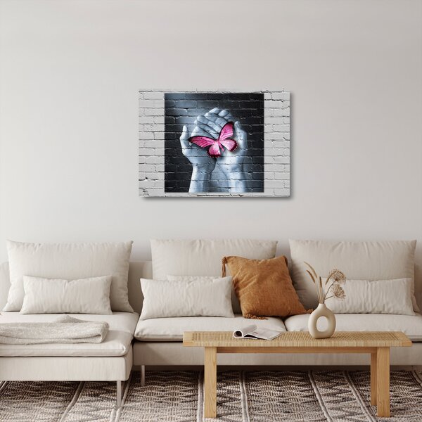 Üveg kép - Rózsaszín pillangó a falon (70x50 cm)