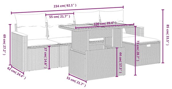 6 részes fekete polyrattan kerti ülőgarnitúra párnákkal