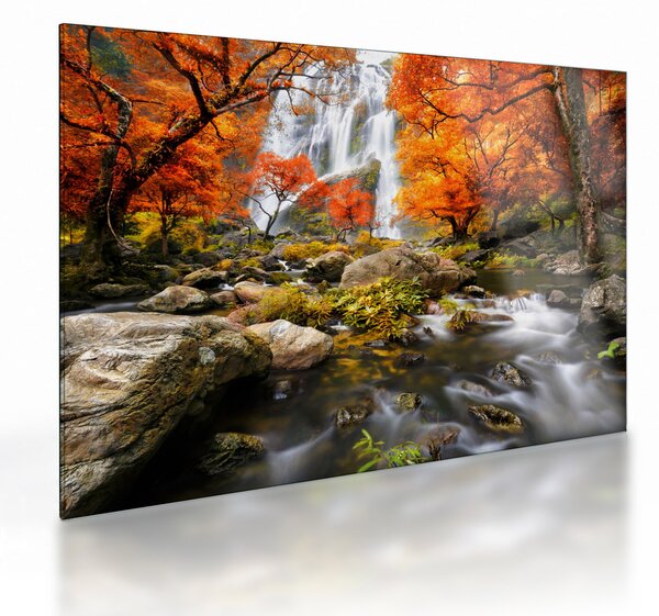 Üveg kép - Vízesések őszi tájban, narancssárga (70x50 cm)