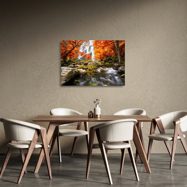 Üveg kép - Vízesések őszi tájban, narancssárga (70x50 cm)