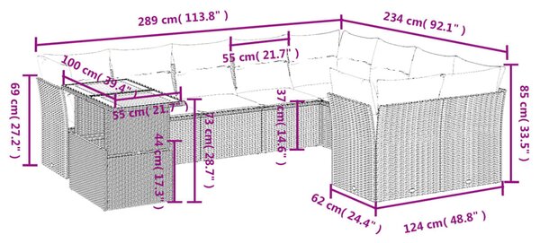 10 részes fekete polyrattan kerti ülőgarnitúra párnákkal