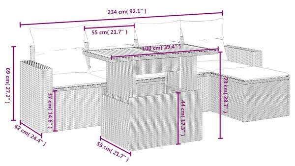 6 részes fekete polyrattan kerti ülőgarnitúra párnákkal