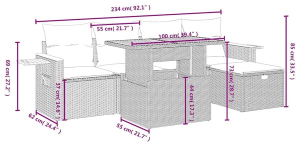 6 részes fekete polyrattan kerti ülőgarnitúra párnákkal