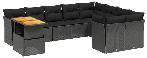 10 részes fekete polyrattan kerti ülőgarnitúra párnákkal