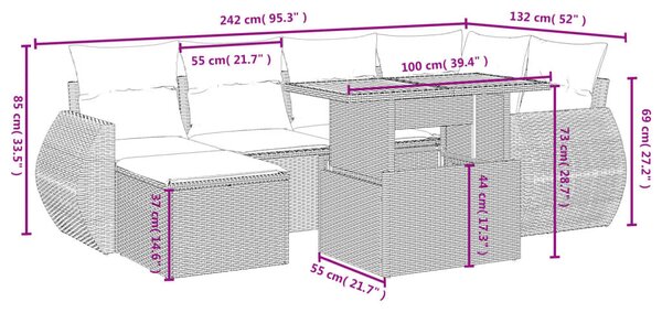 7 részes fekete polyrattan kerti ülőgarnitúra párnával