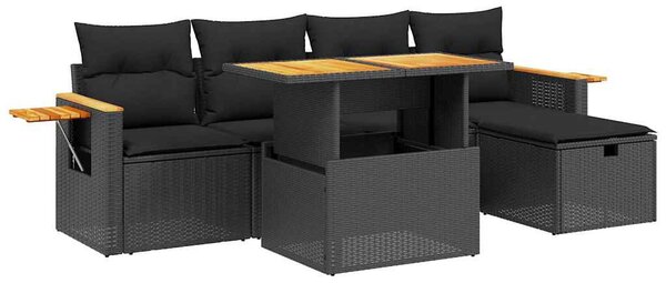6 részes fekete polyrattan kerti ülőgarnitúra párnákkal