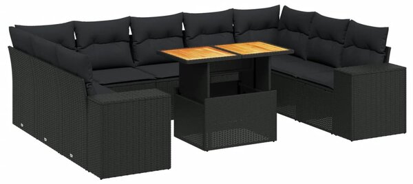 10 részes fekete polyrattan kerti ülőgarnitúra párnákkal