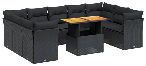 10 részes fekete polyrattan kerti ülőgarnitúra párnákkal