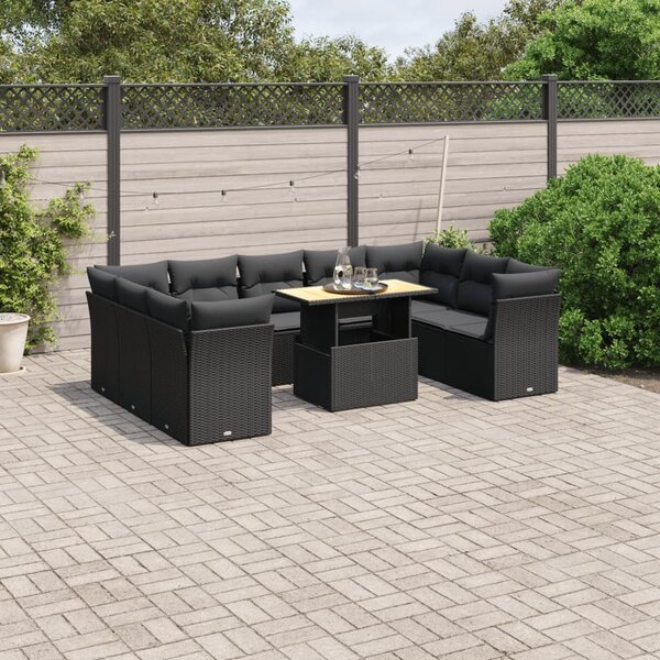 10 részes fekete polyrattan kerti ülőgarnitúra párnákkal