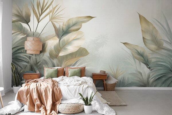 Fotótapéta Nagy, dombornyomott trópusi levelek tompa zöld és bézs árnyalatokban, dzsungelkörnyezet, Fotótapéta akvarell, w09820 : Uwalls.hu