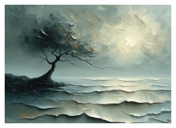 Üveg kép - Olajfestmény egy fa az óceánnal (70x50 cm)
