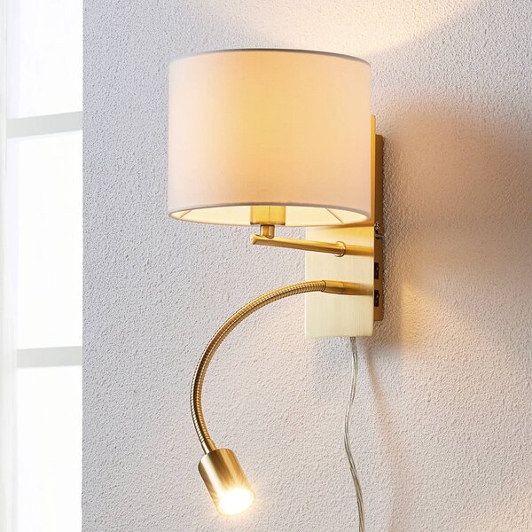 Lindby fali lámpa Florens, sárgaréz, LED-es olvasólámpa, 23,5 cm, Sárgaréz / arany, Nappali / Étkező, Textil / szövet / selyem, Modern