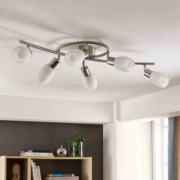 Lindby spotlámpa Arda, 75 cm, 6 lámpás, nikkel, üveg, E14, dimmelhető, Alu / szürke / cink, Nappali / Étkező, Üveg, Modern