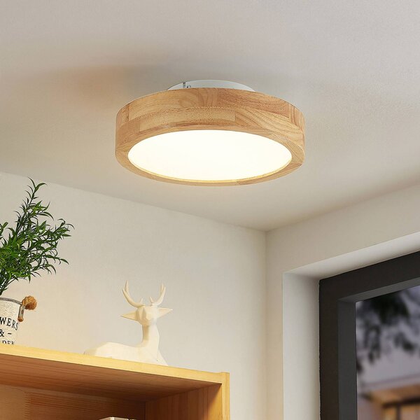 Lindby LED mennyezeti lámpa Lanira, Ø 30 cm, fa, távirányító, CCT, dimmelhető, Világos fa, Nappali / Étkező, Fa, Modern