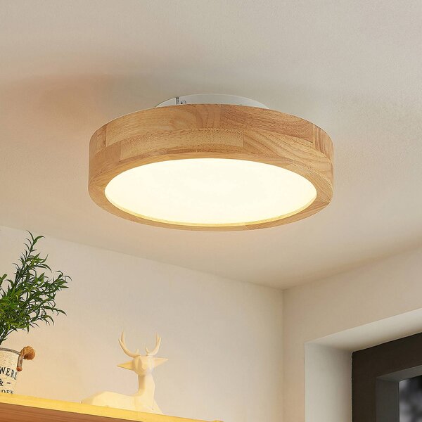 Lindby LED mennyezeti lámpa Lanira, Ø 30 cm, fa, távirányító, CCT, dimmelhető, Világos fa, Nappali / Étkező, Fa, Modern
