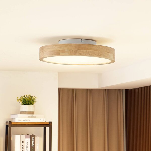 Lindby LED mennyezeti világítás Milada, tölgy, CCT, távirányító, dimmelhető, Világos fa, Nappali / Étkező, Fa, Modern