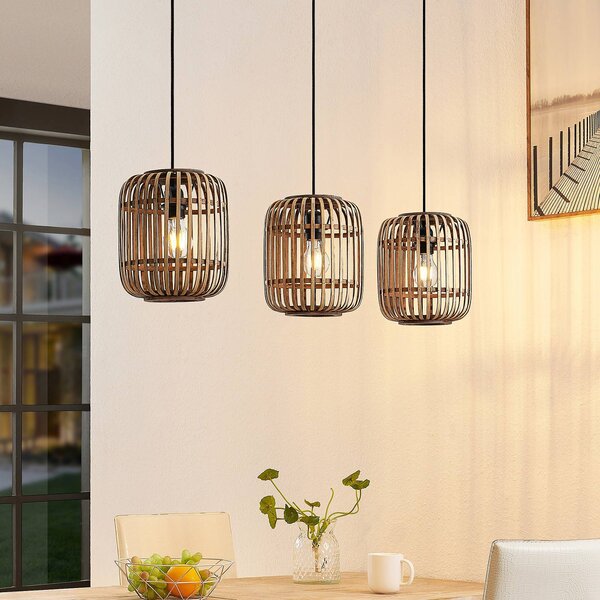 Lindby függőlámpa Canyana, natúr, 3-lámpás, rattan, 105 cm, dimmelhető, Világos fa, Nappali / Étkező, Fa, Vidéki otthon / Rusztikus