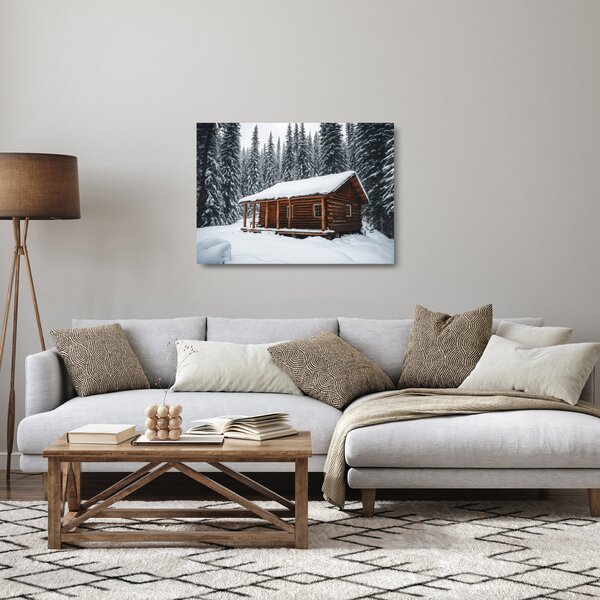 Üveg kép - Hóval borított kunyhó (70x50 cm)
