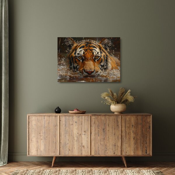 Üveg kép - Portré egy tigris a vízben (70x50 cm)