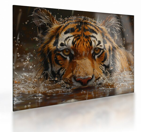 Üveg kép - Portré egy tigris a vízben (70x50 cm)