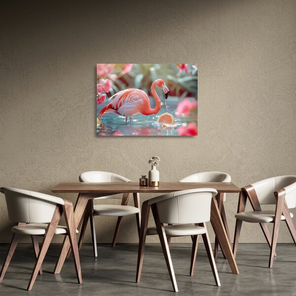 Üveg kép - Flamingó a tóban (70x50 cm)