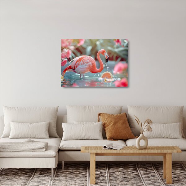 Üveg kép - Flamingó a tóban (70x50 cm)