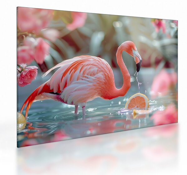 Üveg kép - Flamingó a tóban (70x50 cm)