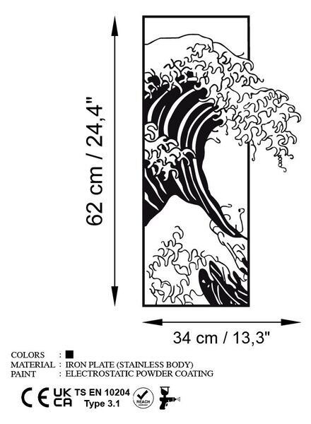 Fém fali dekoráció, wave, 34x62 cm