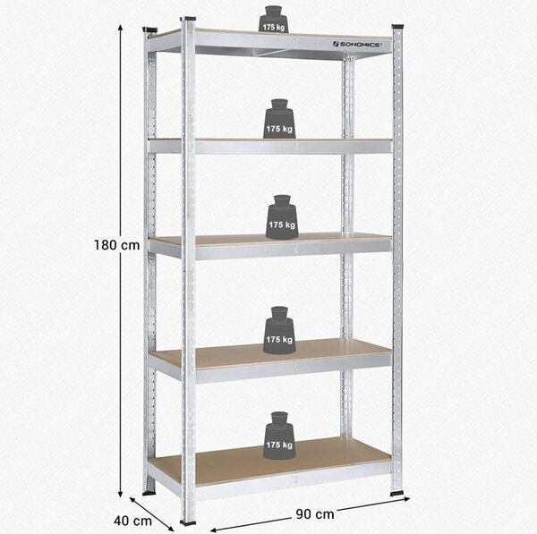 Polc 5 szintes, Songmics, 40 x 90 x 180 cm, ezüst, GLR40SV