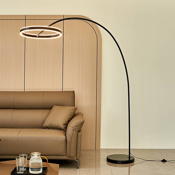 Lucande LED ívlámpa Yekta, fekete, 183 cm, dimmelhető, dimmelhető, Fekete, Nappali / Étkező, fém, Dizájn